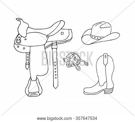 Vector Set Bundle Of Hand Drawn Doodle Sketch Western Cowboy Equipment Isolated On White Background.
