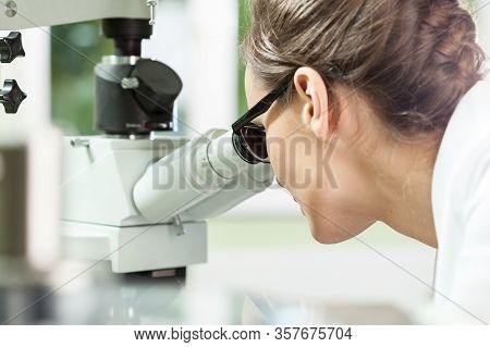 Woman Working With Microscope In A Laboratory