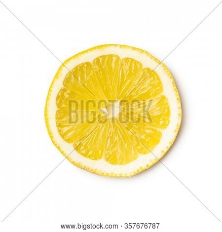 Slice of yellow lemon isolated on white background. Top view.