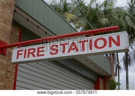 View Of An Fire Station Sign Hanging In Front Of The Statin In Bangalow, Nsw, Australia