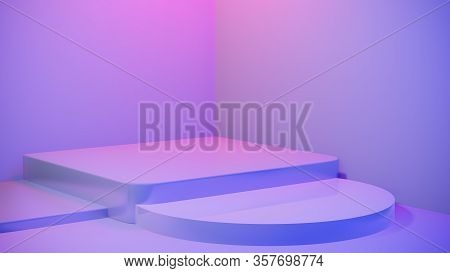 Abstract Empty Pedestal In Blue Pink Vibrant Light Stage Minimal Background For Present Content Adve