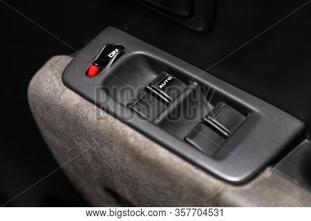 Honda Capa-interior Of Modern Car. Side Door Buttons: Window, Mirror Adjustment Buttons, Door Lock. 