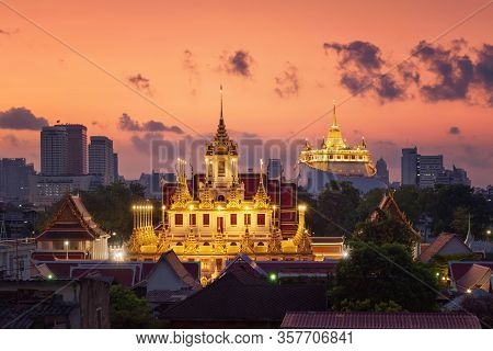 Loha Prasat Wat Ratchanatda And Golden Mountain Pagoda, A Buddhist Temple Or Wat Saket With Skyscrap