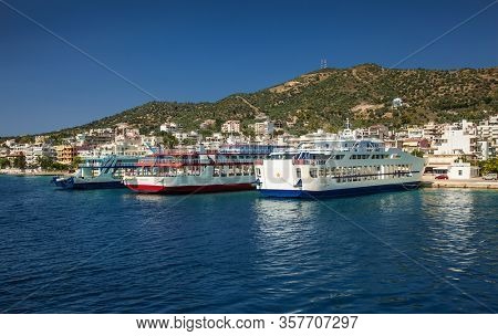 Loutra Edipsou, Evia, Greece- June,11 2018. Ferryboats on the dock in Lutra Edipsou (Aidipsos), Evia island, Greece.