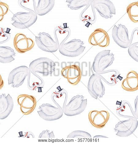 Swans In Love 5. Seamless Pattern. Watercolor Illustration. Suitable For Wedding Decoration
