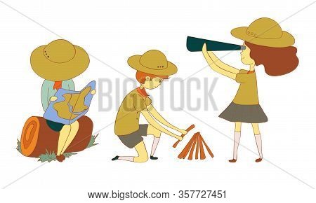 Kids Scouts Starting A Fire And Examining The Map Vector Illustrations Set
