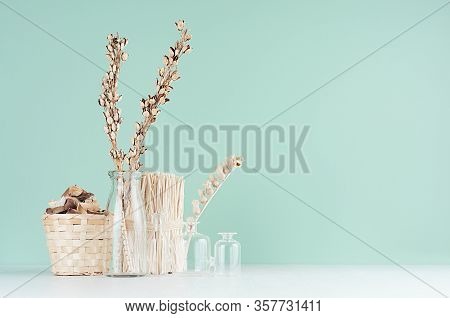 Cozy Rustic Home Decor - Beige Dry Flowers, Plants In Glass Bottles, Wicker Basket, Bunch Twigs On G