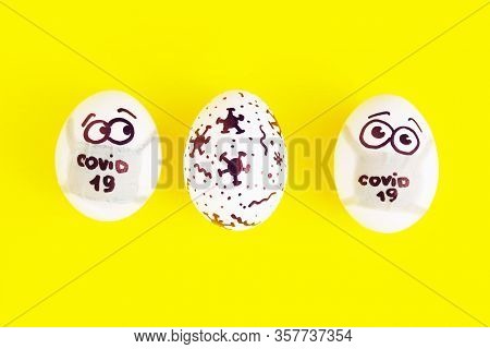 Eeaster Symbol Eggs In Medical Masks And Painted Coronavirus Bacteria On Yellow Background, Space Fo
