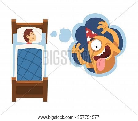 Cute Girl Sleeping In Bed And Dreaming About Cute Monster In Party Hat, Kid Lying In Bed Having Swee