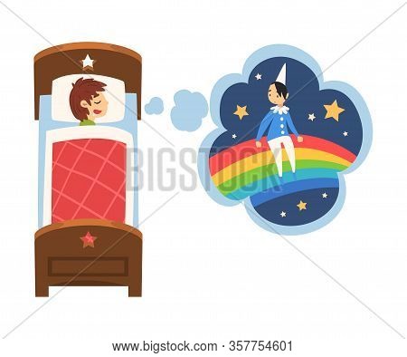 Cute Boy Sleeping In Bed And Dreaming About Boy Sitting On Rainbow, Kid Lying In Bed Having Sweet Dr