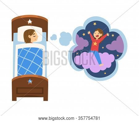 Cute Girl Sleeping In Bed And Dreaming About Girl Riding Cloud, Kid Lying In Bed Having Sweet Dreams