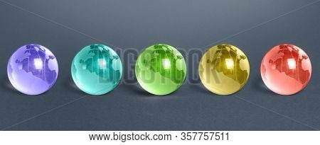 Five Multicolored Glass Globes Of Planet Earth. Globalization And Markets. Future Forecasts World De