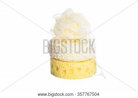 Bath Accessories. Hygiene Products. Set Of Bath Accessories. Three Different Bath Sponges Isolated O