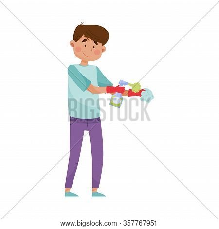 Man Character Using Detergent To Keep Surfaces And Objects Clean Vector Illustration