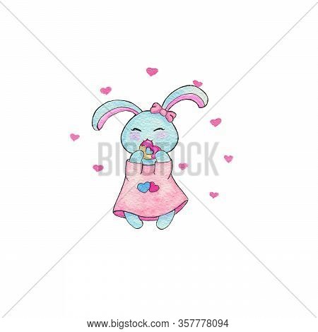 Cute Little Bunny Girl Eat Donut In The Shape Of Heart Lovely Cartoon Valentines Design
