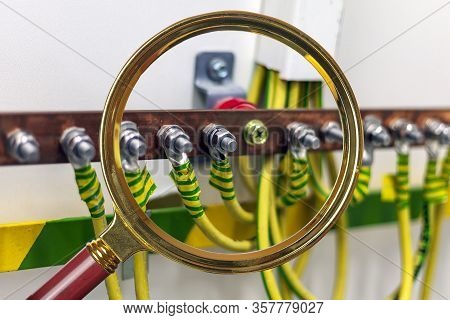 Electrical Copper Bus With Grounding Wiring. Cables Connected To Electrical Grounding Bar,ground Ind
