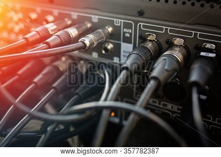 Close Up Audio Jacks Cable Plugged Into Mixer Console. Xlr Audio Cable