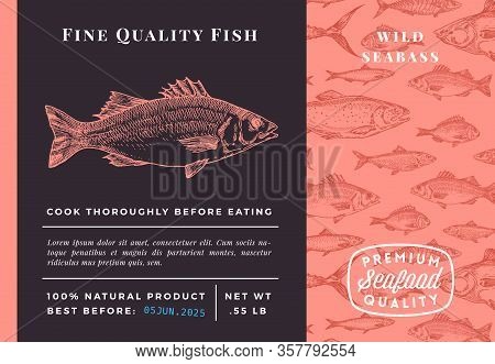 Premium Quality Seabass Abstract Vector Packaging Design Or Label. Modern Typography And Hand Drawn 