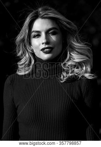 What A Beauty. Girl Red Lipstick In Knitwear Sweater. Cosmetics And Skin Care Trend. Autumn Woman Cu