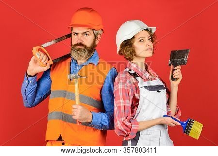 Woman Builder Hard Hat. Man Engineer Or Architect. Construction Site. Interior Renovation. Creating 