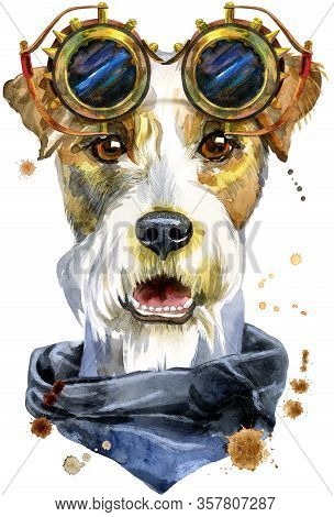 Watercolor Portrait Of Airedale Terrier Dog With Steampunk Glasses