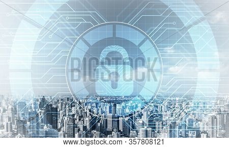 Virtual Locking Mechanism On Background Of Downtown. Internet Concept For Identity And Access Manage