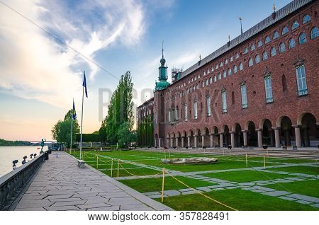 Sweden, Stockholm, May 29, 2018: City Hall Stadshuset Tower Building Of Municipal Council And Nobel 