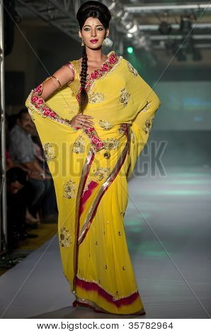 CHENNAI - 21 juli: A model gåture på rampen fremvisning designer Anuradhaa Bisani arbejde under at Ch