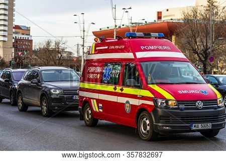 Romanian Smurd Ambulance Car, 911 Or 112 Emergency Medical Service In Mission In Downtown Bucharest,