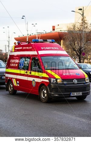 Romanian Smurd Ambulance Car, 911 Or 112 Emergency Medical Service In Mission In Downtown Bucharest,