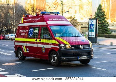 Romanian Smurd Ambulance Car, 911 Or 112 Emergency Medical Service In Mission In Downtown Bucharest,