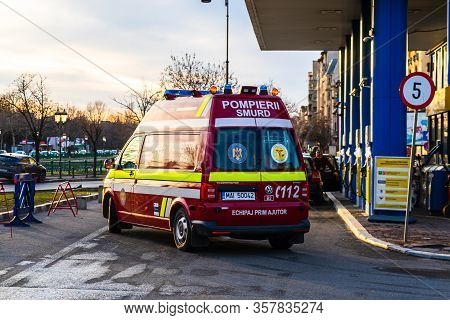 Romanian Smurd Ambulance Car, 911 Or 112 Emergency Medical Service In Mission In Downtown Bucharest,