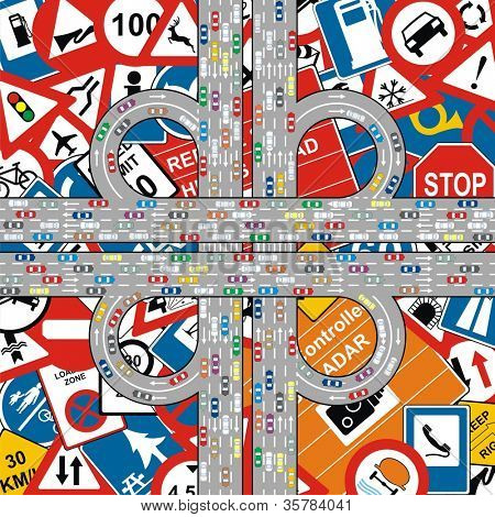 Vector - Traffic Jam on Highway at Traffic Signs Background