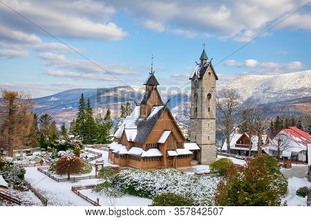 Karpacz, Poland. Winter View Of Wang Church (kosciol Wang) - 12th-century Church, Constructed Simila