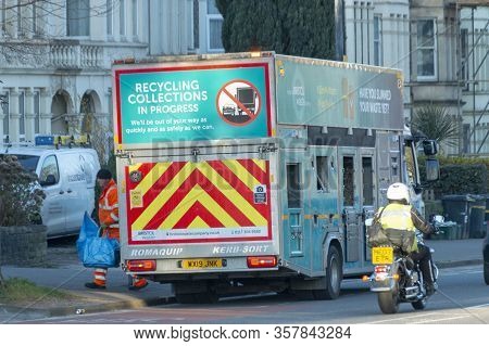 Bristol-march 2020-england-a Close Up View Of A Recycling Collections Truck Picking Up Its Weekly Lo