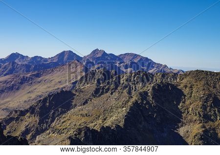 Panorama Of The Pyrenees Mountains In Andorra, From Top Of Coma Pedrosa Peak.