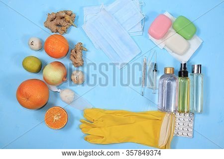 Vials For Hand Disinfection, Medical Masks And Folk Immunostimulants And Vitamins. Coronavirus Prote