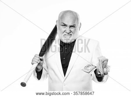 Black Cash Money. Senior Man Hold Cash Money And Baseball Bat. Richness Wellbeing. Money Profit. Per