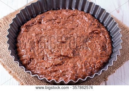 Chocolate Dough In A Baking Dish. Chocolate Pie