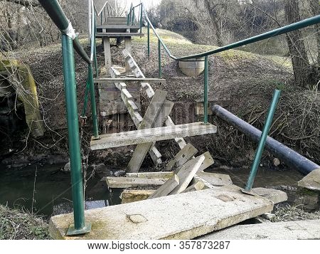 Broken Concrete Pedestrian Bridge In Kaunas
