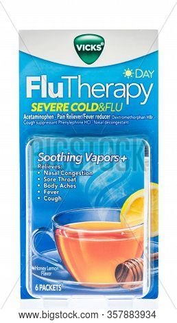 Winneconne,  Wi - 24 March 2020:  A Package Of Vicks Flu Therapy Severe Cold And Cough Medicine On A