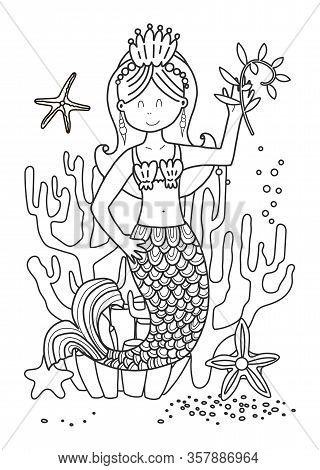 Coloring Book For Children And Adults With A Mermaid. Vetkron Line Illustration In Black Color. Colo