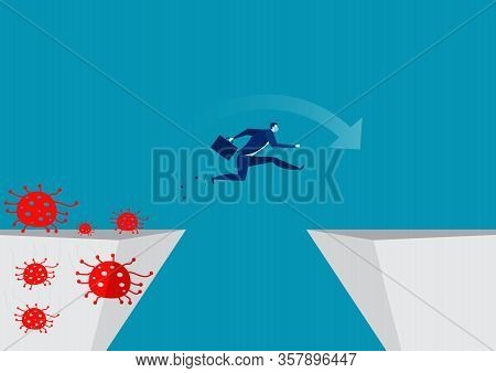 Businessmen Jump Over To Escape Coronary Disease. Coronavirus Vector Illustrator.