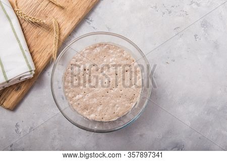 The Leaven For Bread Is Active. Starter Sourdough ( Fermented Mixture Of Water And Flour To Use As L