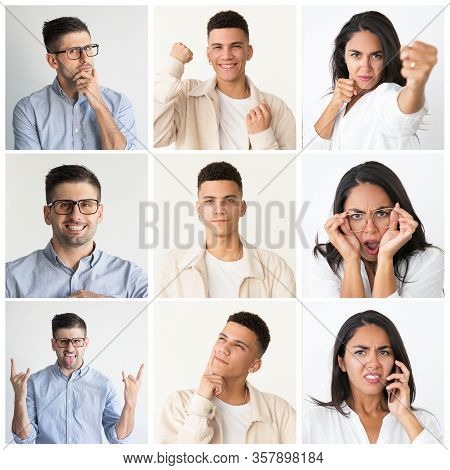 Mix Raced Men And Women Portrait Set. Young People With Different Facial Expressions And Gestures Mu
