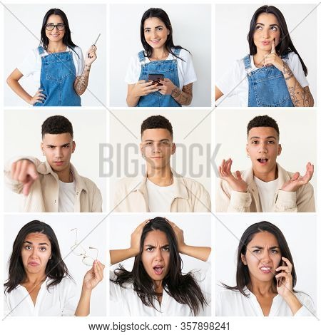 Attractive Mix Raced And Latin Men And Women Portrait Set. Young People In Casual With Different Fac