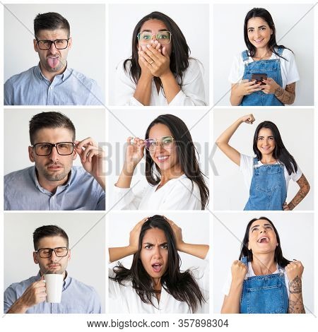 Caucasian And Latin Men And Women Portrait Set. Young People In Casual With Different Facial Express
