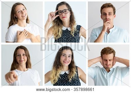 Caucasian Men And Women In Casual Portrait Set. Young People With Different Facial Expressions And G