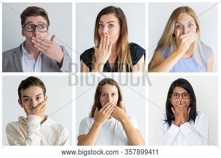Shocked People Covering Mouth With Hand Portrait Set. Young Men And Women Of Different Races And Age