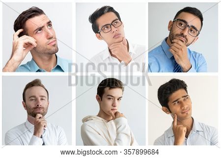 Pensive Multiracial Student Guys Touching Chin Portrait Set. Young Men Of Different Races Multiple S